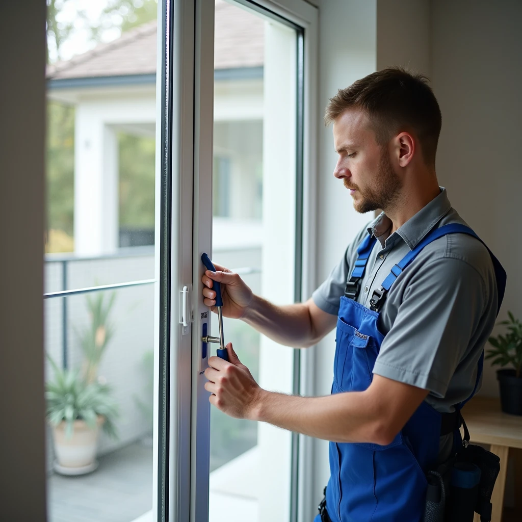 A professional technician is carefully replacing a window handle in a modern residential setting. The technician is dressed in a clean, professional uniform and is using the appropriate tools to remove the old handle and install a new one. The window is modern with clear glass, and the surrounding area is neat, organized, and well-lit, highlighting the quality and precision of the service. The image should convey a sense of expertise, reliability, and attention to detail, making it perfect for promoting window repair and maintenance services in an online store.