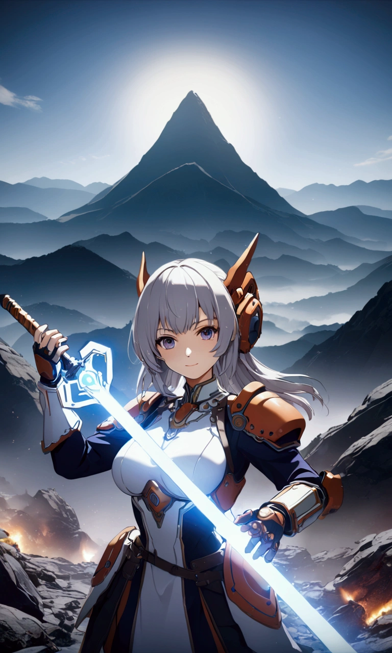 ((Highest quality、masterpiece、best quality,unreal engine,unity 8k wallpaper,anime style,animation style、High resolution、8k、detailed、ultra-detailed,upper body:1.3)),smile, adult woman,(((((Holds an energy sword in his right hand,battle dress,battle monster、The background is a mountain from another world.:1.2))))),Dynamic pose,Dynamic Angle,A dynamic scene,Big Breasts