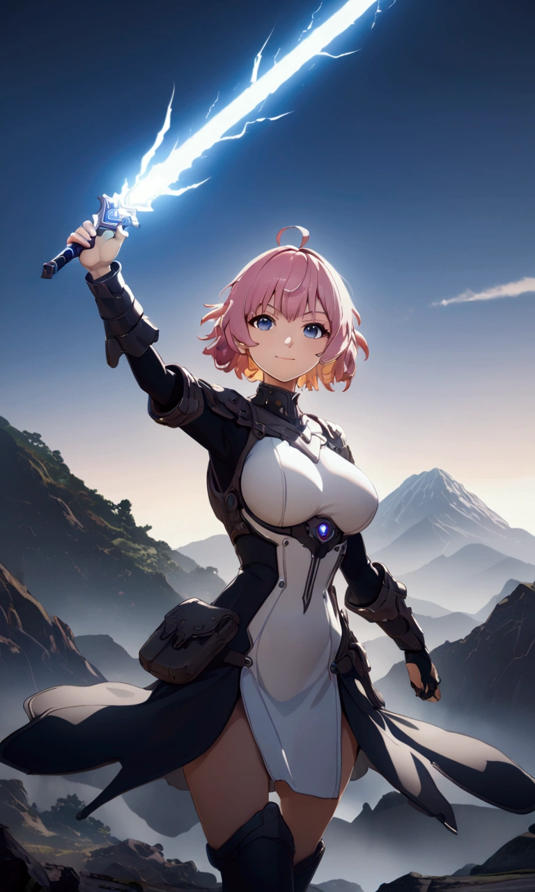 ((Highest quality、masterpiece、best quality,unreal engine,unity 8k wallpaper,anime style,animation style、High resolution、8k、detailed、ultra-detailed,upper body:1.3)),smile, adult woman,(((((Holds an energy sword in his right hand,battle dress,battle monster、The background is a mountain from another world.:1.2))))),Dynamic pose,Dynamic Angle,A dynamic scene,Big Breasts