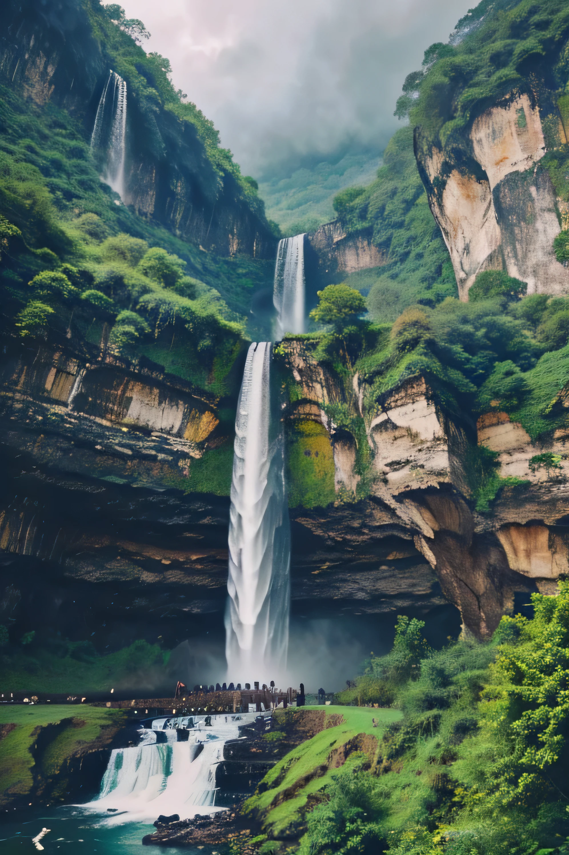 Nature with birds animals and waterfalls and the aeroplane in the cloudy rain