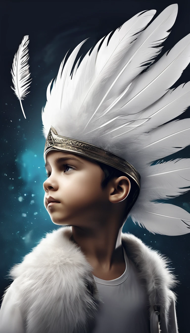 Create a minimal, modern, simple, inspirational, fantastic, poetic, epic, original, memorable, dream like, cinematic logo design of a dreamer boy and a cinematic, memorable white fantastic feather for the brand “Penamemoria". The logo design must convey the artistic, fantastic, epic inspiration of a dreamer boy in a unique, fantasy cinematic white feather.