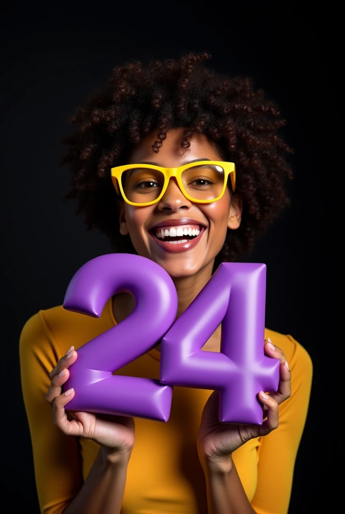 Joyful sexy woman of European appearance in yellow glasses, fair-skinned, advertising photography, holds volumetric purple numbers 24 made of matte plastic, Black background, hairstyle curly hair, Backlight, studio advertising lighting, high detail,