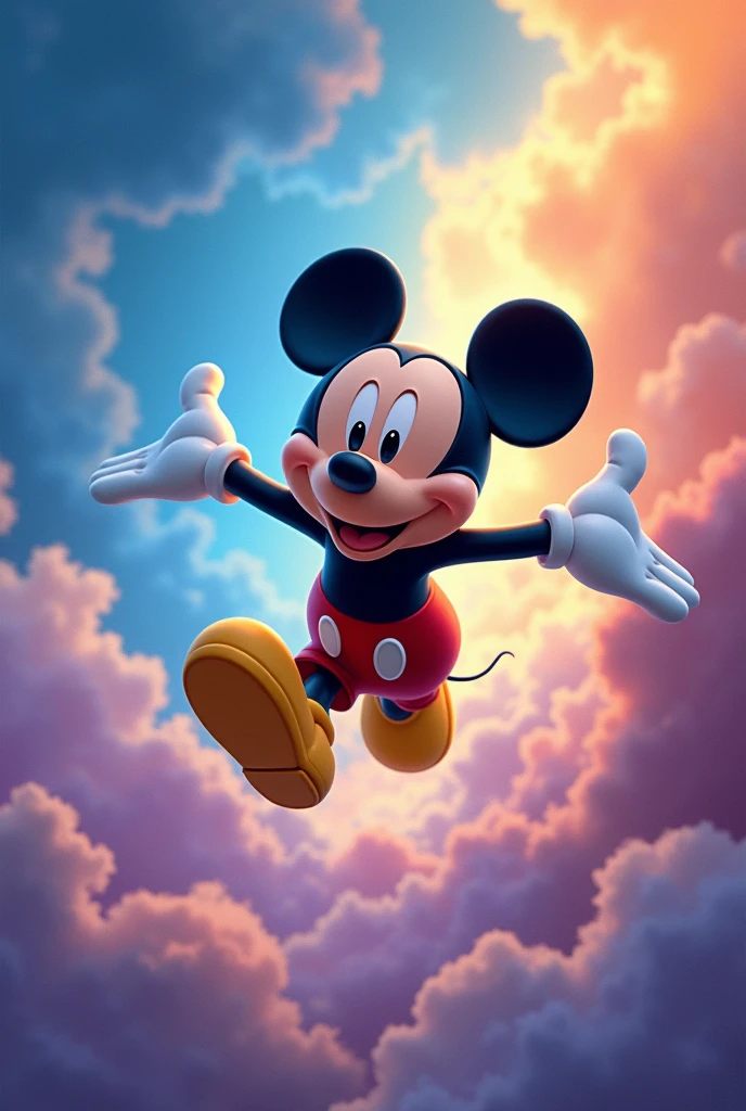 Mickey Mouse starts flying，The sky is colorful 