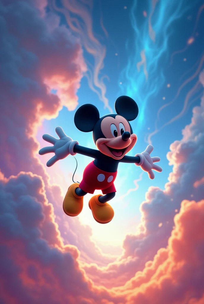 Mickey Mouse starts flying，The sky is colorful 