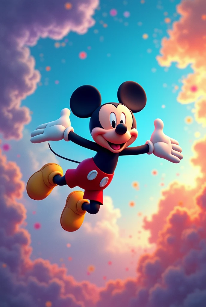 Mickey Mouse starts flying,The sky is colorful