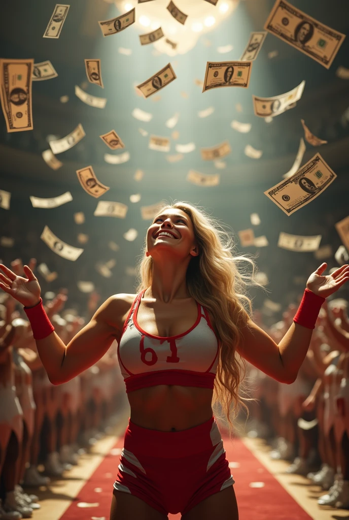 A beautiful, good-looking wrestler smiles happily, looks up, spreads her arms, waits to receive money, with a lot of money falling from the sky.