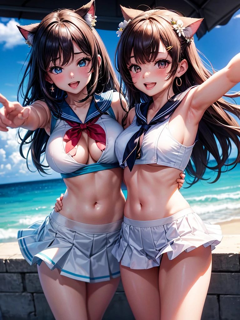 A beautiful girl with open arms posing in the air, anime girl, sailor suit, blue pleated miniskirt, reaching out, white flower print panties, white bra, underboobs, big round breasts, dark brown hair, long bangs, long hair, wavy hair, expressive hair, shiny hair, hairclip, cat hair ornament, aqua eyes, glowing eyes, pupils sparkling, earrings, open mouth, smile, grin, blush, tongue, glossy lips, upper teeth, high detail, anime, anime style, depth of field, cinematic lighting, dithering, image fill, framed, first-person view, pov, multiple views, from below, perspective, atmospheric perspective, Wide-Angle, f/1.8, 85mm, Nikon, 8k, super detail, UHD, retina, masterpiece, accurate, anatomically correct, textured skin, high details, best quality, highres, 16k