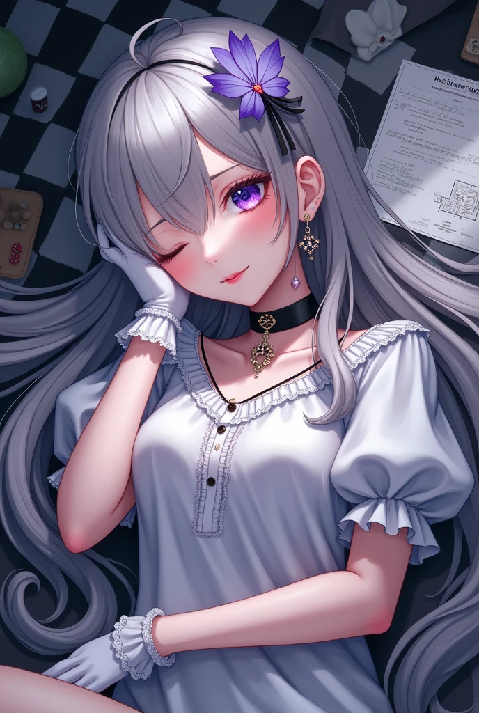 1girl, extreme detailed, Very detailed, colorful, highest detailed, masterpiece, best quality, highres, 8k, highly detailed face, Eve\(path_to_nowhere\), sleeping, (sleeping on chessboard desk:1.4), on stomach, chessboard desk, blueprint, toy, from above, grey hair, cleavage, parted bangs, very long hair, hair over one eye, one eye covered, x hair ornament, mole under eye, purple eyes, choker, black neckwear, neck ribbon, flower earrings, single earring, white blouse, puffy sleeves, short sleeves, white gloves, frilled gloves, wrist cuffs, butterfly ornament,