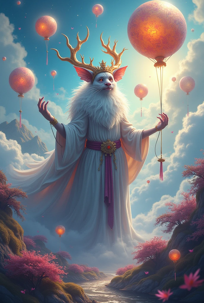 A mischievous, ethereal god surrounded by a whimsical realm of floating islands, shimmering balloons, and playful, glowing sprites, with a hint of sly wit and cosmic humor.