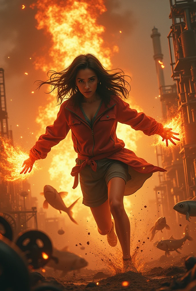 Brunette girl burning everything in her path with fish on the background of a fire in the steampunk style