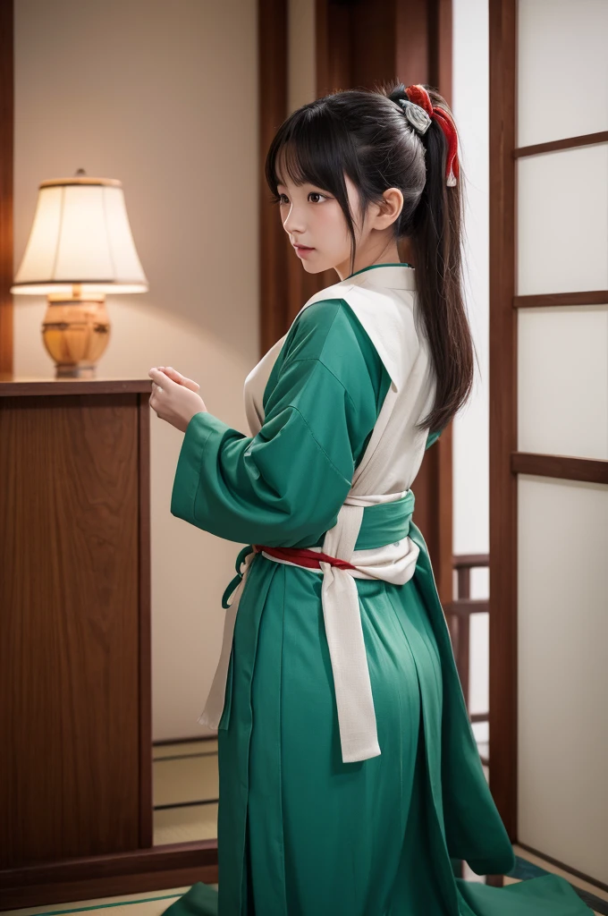 The figure with its long, flowing hair is reminiscent of a Yaksha.。The hair color changes toward the ends、The gradation is from silver to emerald green to light blue.、It has become a rare。Its most distinctive feature is the two red horns growing from its temples.、As it gets closer to the hairline, the color becomes lighter and more flesh-colored.。The costume is Japanese style.、Jacket and hakama with crests on both sides of the chest、A belt like a Nio sash is tied around the waist.。A woman with the following characteristics was kneeling naked with her buttocks sticking out.、Her clothes are neatly folded and placed next to her.