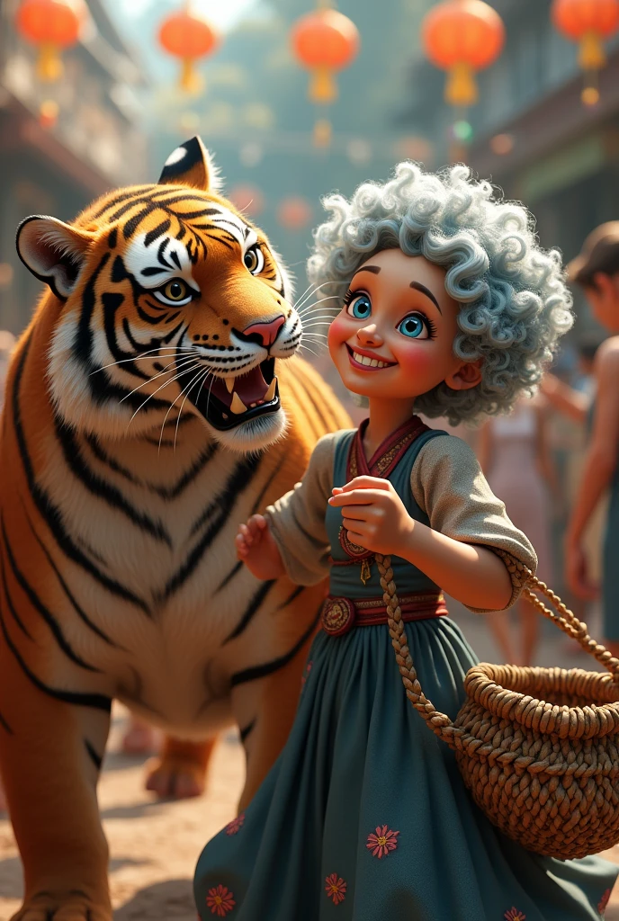 Very old woman with blue white curly hair and blue eyes
with smiling lips,
Next to an old basket inside
Tiger is beautiful
In a party where everyone is
He is dancing with his tiger
style 3D