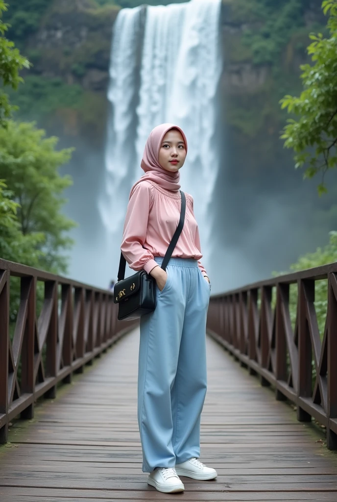 Top Quality, Masterpiece, High Resolution, 8k, Instagram photo, reailistic photo. Lora: realistic asian. a young woman white skinned, 20 years old, standing in front of a waterfall. She is wearing a pink hijab and a long-sleeved top with a ruffled neckline. The top is paired with light blue trousers and white sneakers. She has a black crossbody bag slung over her shoulder. The woman is standing on a wooden bridge with a wooden railing and there are trees and bushes in the background. There are a few people visible in the distance. The overall mood of the image is casual and relaxed.