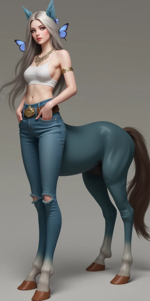 1Centaur Girl,Four-legged cowboy costume,Hands in pockets action,穿着Skinny jeans((Skinny jeans: 1.6))(Flesh-colored skin (Cynthia Sheppard), Beautiful full body concept art, horse, smooth Fair and translucent skin, Pretty blue butterfly hair accessories and pale porcelain skin, Gu Weiss, Fair and translucent skin, Pale skin,,Ivory white skin, Light milky white porcelain skin,