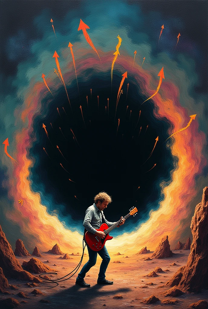 Create a drawing of a man playing guitar being sucked into a black hole. The outlines of the man should be shaky. There should be several arrows in the air pointing towards the black hole being sucked in. The drawing should be in a psychedelic style with the painting having a visual effect.