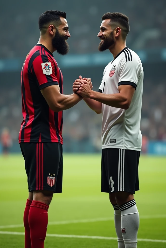 Iranian football player strong hairy bearded full beard, Red and black striped shirt, black shorts and red socks and black boots, side by side shaking hands with a football player wearing the Corinthians uniform wearing a white shirt with black stripes on the shoulders, the club's crest on the chest, black shorts and white socks with black details.