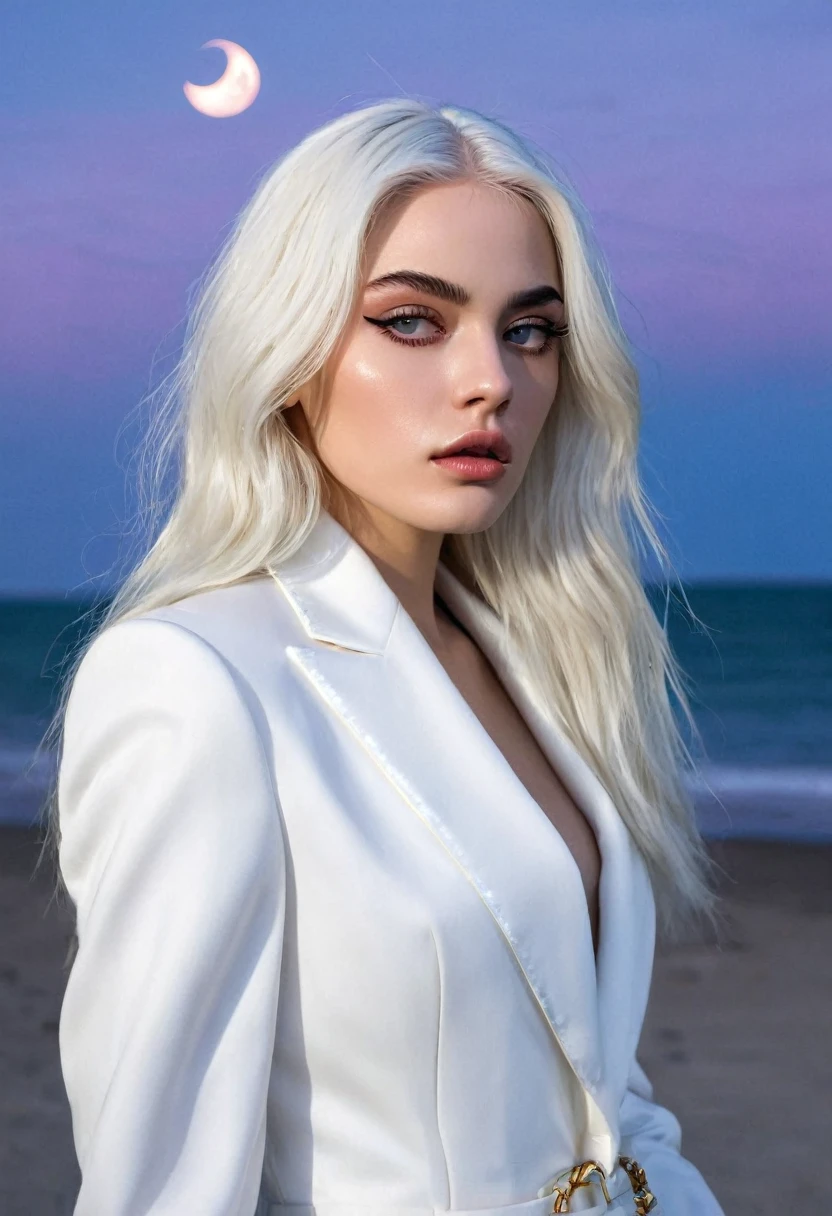 masterpiece, Highest quality, (alone focus), (Perfect Face:1.1), (Attention to detail:1.1), (Ultra-detailed eyes), dramatic, 1 person, (Pale skin), Long white hair, Psychic Eyes, (Thin eyebrows), alone, Long Hair, Tiago Azevedo, moon, night, White luxury suit, Pouting, fur, Proud look,Beach, Detailed Background, Art by artgerm, Cinema Lighting, rose, fashion, Balenciaga Style