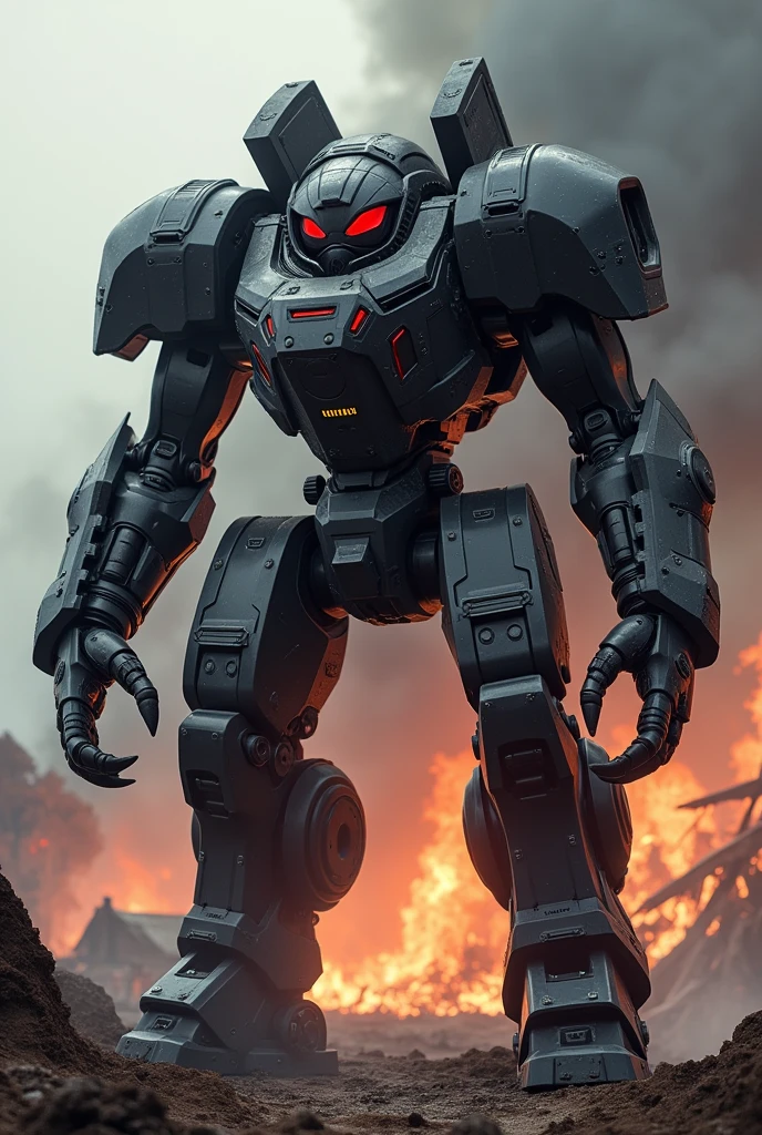 A big and muscular meccha Armor with URSA form and black body with the red eyes, class in arms, Village scenery in flames.