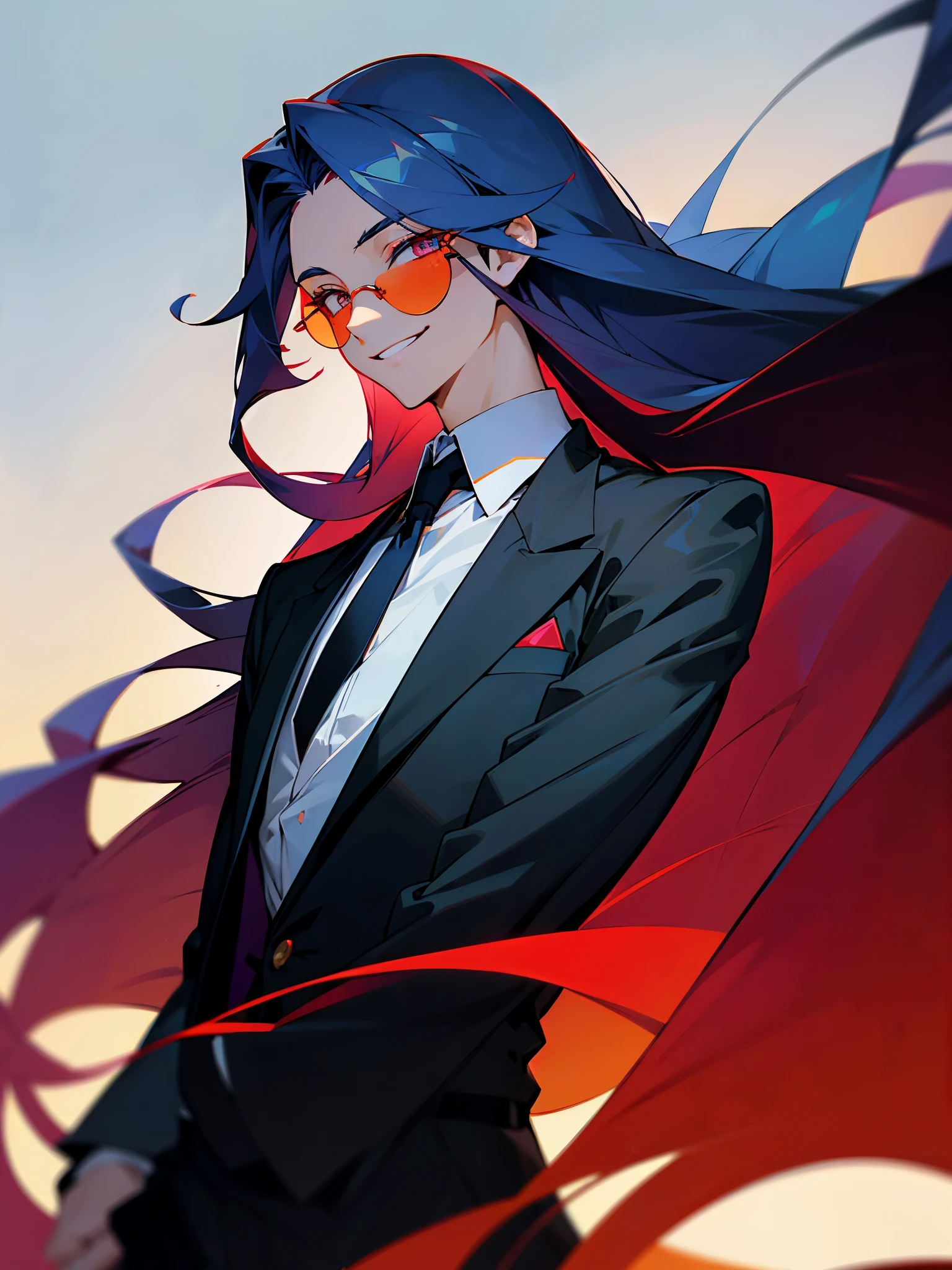 Anime boy, crimson eyes, detailed eyes, long eyelashes, dark blue hair; long flowy hair, shoulder-length hair, red sunglasses with black lenses, soft smile, smiling with teeth, black suit, white collared shirt, black tie, relaxed, gradient background