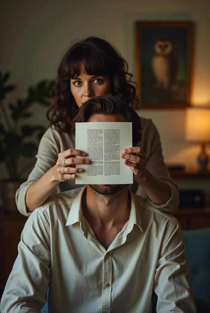 the woman covered the man's face with a sheet of paper. There is printed text on the sheet. Home environment. There is a painting of an owl hanging in the background.