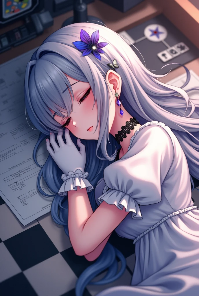 1girl, extreme detailed, Very detailed, colorful, highest detailed, masterpiece, best quality, highres, 8k, highly detailed face, Eve\(path_to_nowhere\), sleeping, (sleeping on chessboard desk:1.4), on stomach, chessboard desk, blueprint, toy, from above, grey hair, cleavage, parted bangs, very long hair, hair over one eye, one eye covered, x hair ornament, mole under eye, purple eyes, choker, black neckwear, neck ribbon, flower earrings, single earring, white blouse, puffy sleeves, short sleeves, white gloves, frilled gloves, wrist cuffs, butterfly ornament,