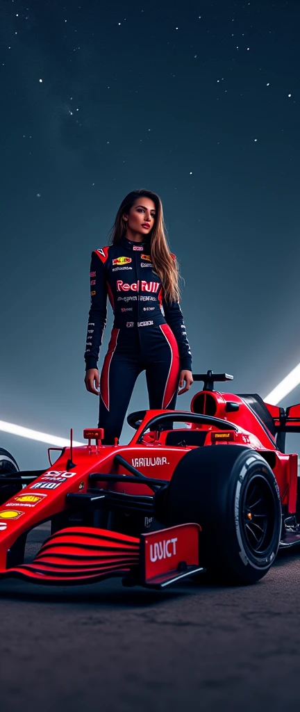 Woman in sexy Formula 1 outfit next to a nice tuned racing car, on a night full of stars