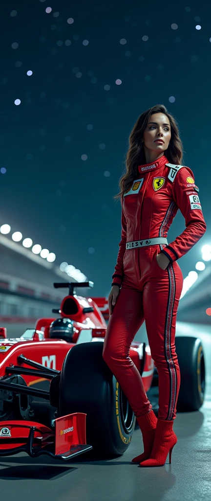 Woman in sexy Formula 1 outfit next to a nice tuned racing car, on a night full of stars