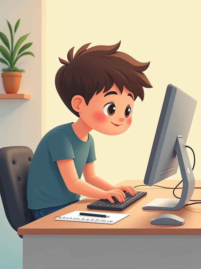 Chibi version of young man using computer
