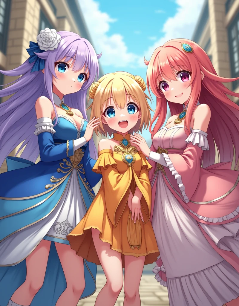 3 beautiful young girls the first girl with long lavender hair with bangs with light blue eyes in a gorgeous blue and white dress with detailed sleeves showing shoulder and short socks up to the ankles. The second girl with short sun yellow hair with bangs and a yellow and orange dress with a big gold necklace is the happiest and the third with long wavy hair with strawberry pink hair with dull pink eyes in a strong and light pink dress with white with a bow at the waist and long socks ( They are all )They all have the same height, medieval anime era ( the dresses are like the gemshin impact game) In the image they have to come out whole from head to toe