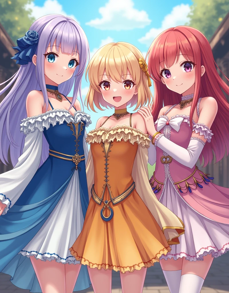 3 beautiful young girls the first girl with long lavender hair with bangs with light blue eyes in a gorgeous blue and white dress with detailed sleeves showing shoulder and short socks up to the ankles. The second girl with short sun yellow hair with bangs and a yellow and orange dress with a big gold necklace is the happiest and the third with long wavy hair with strawberry pink hair with dull pink eyes in a strong and light pink dress with white with a bow at the waist and long socks ( They are all )They all have the same height, medieval anime era ( the dresses are like the gemshin impact game) In the image they have to come out whole from head to toe