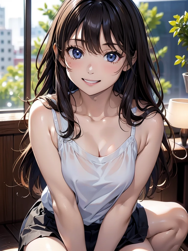 masterpiece, High resolution, High resolution, High resolution, ONE Girl, cute, adorable, smiling, straight hair, long hair, black hair, looking at the camera, from thighs to head, bedroom, night, camisole, Straddling a chair