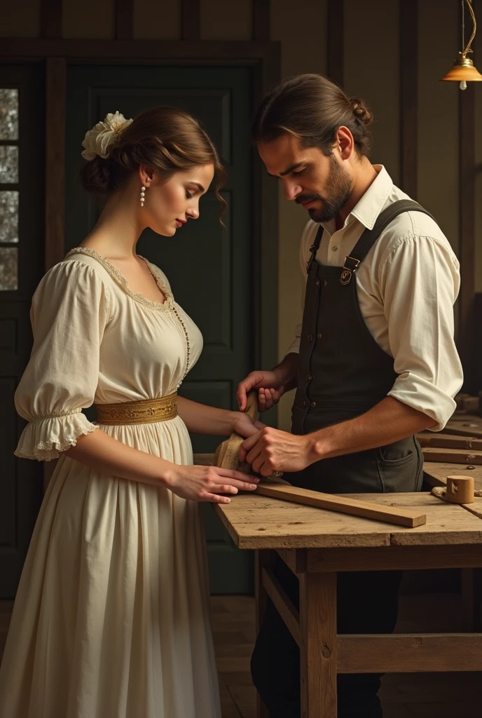 Very young English ancient vintage theme picture of women
wife helping men husband as carpenter with the Brown and minimalist theme.