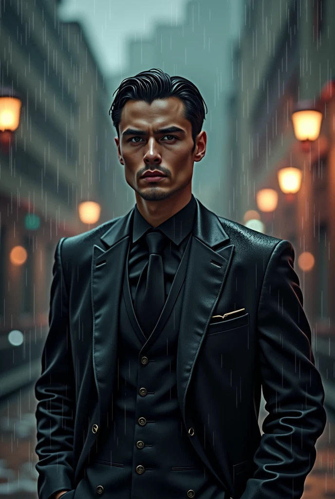 A handsome young man with a perfect face, a mask of refinement from his forehead down to his nose and cheekbones, wearing a black suit, standing gracefully in the pouring rain.