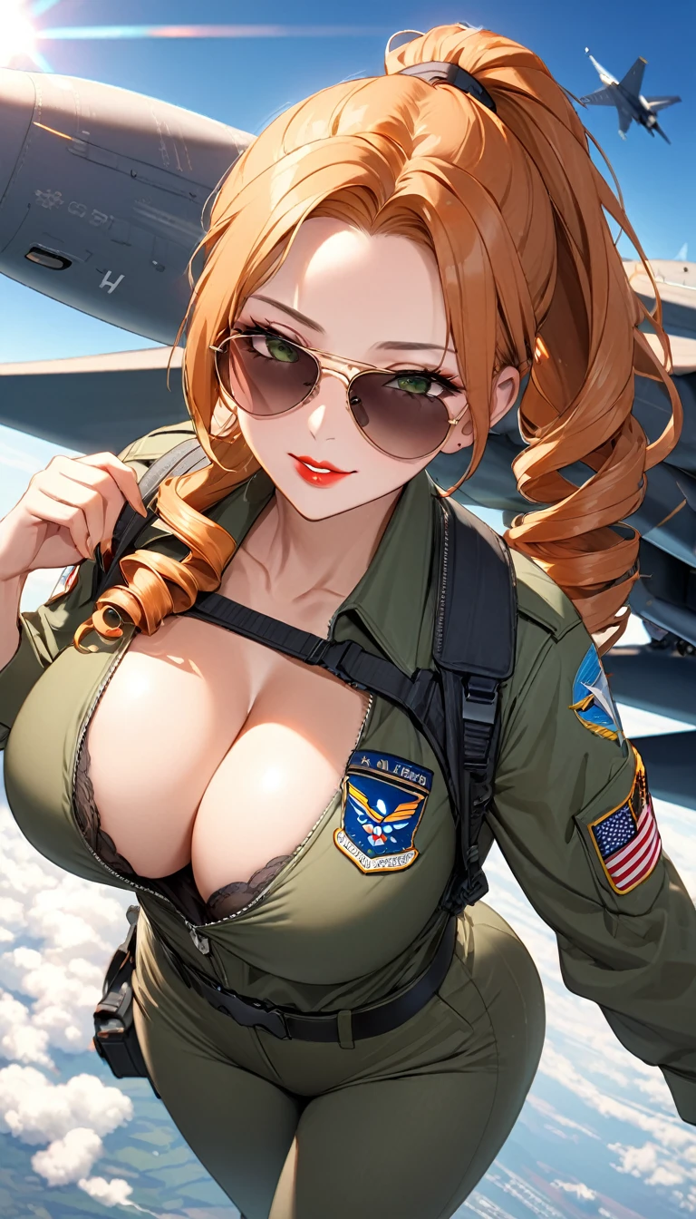 独奏, (Highest quality,4K,8k,High resolution,masterpiece:1.2),Very detailed,3 woman、(((Mature Woman))), (((Mature Woman))), Best Bust、Large Breasts, Cleavage、(from above), Beautiful Eyes、Orange Hair、Moss green eyes、Red lips, ((ponytail)), (Drill Hair), ((forehead)), Very cute face, Glossy Lips, Double eyelids on both eyes, Tight waist、Beautiful Face、Natural smile、US Air Force military suit, Wearing sunglasses, Aviator Model (Ray-Ban RB3025), Natural light, F-18 military air force base background aircraft, Model Pose, dynamic angle, cowboy shot, blue sky、Lens flare