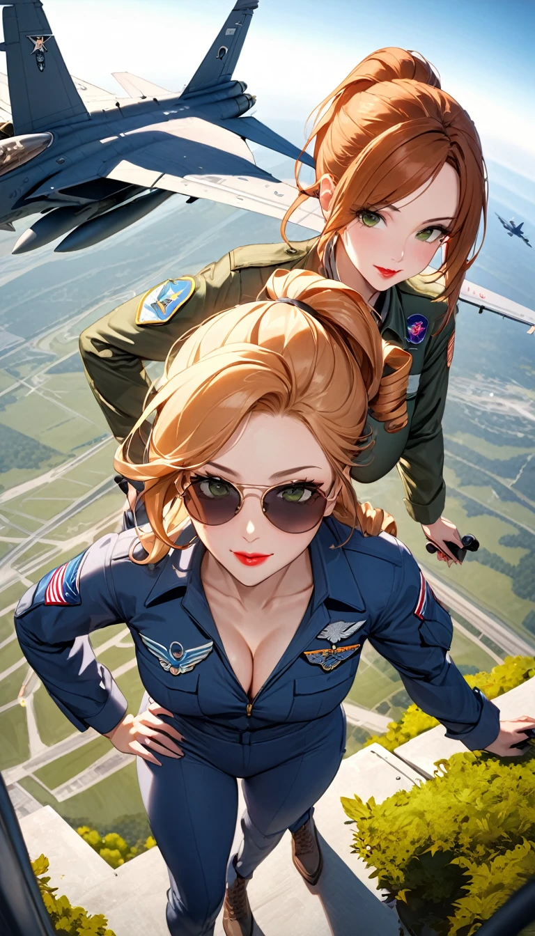 独奏, (Highest quality,4K,8k,High resolution,masterpiece:1.2),Very detailed,3 woman、(((Mature Woman))), (((Mature Woman))), Best Bust、Large Breasts, Cleavage、(from above), Beautiful Eyes、Orange Hair、Moss green eyes、Red lips, ((ponytail)), (Drill Hair), ((forehead)), Very cute face, Glossy Lips, Double eyelids on both eyes, Tight waist、Beautiful Face、Natural smile、US Air Force military suit, Wearing sunglasses, Aviator Model (Ray-Ban RB3025), Natural light, F-18 military air force base background aircraft, Model Pose, dynamic angle, cowboy shot, blue sky、Lens flare