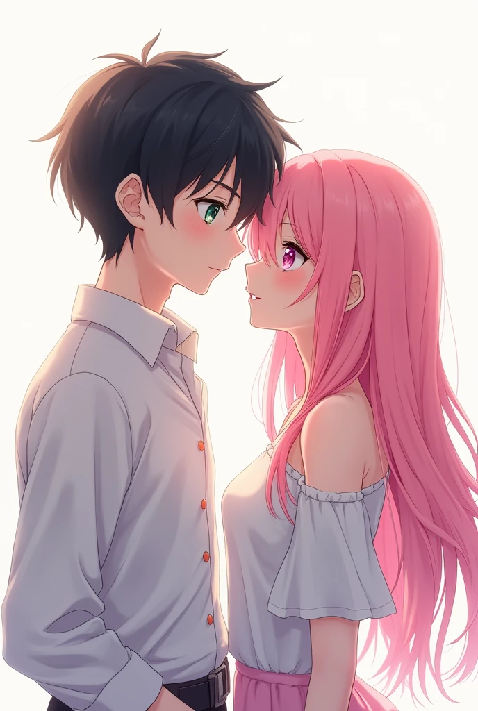 Generate a anime girl with pink hair and pink eyes in only a white button off shoulder short with a man with black hair and pine green eyes standing next to her