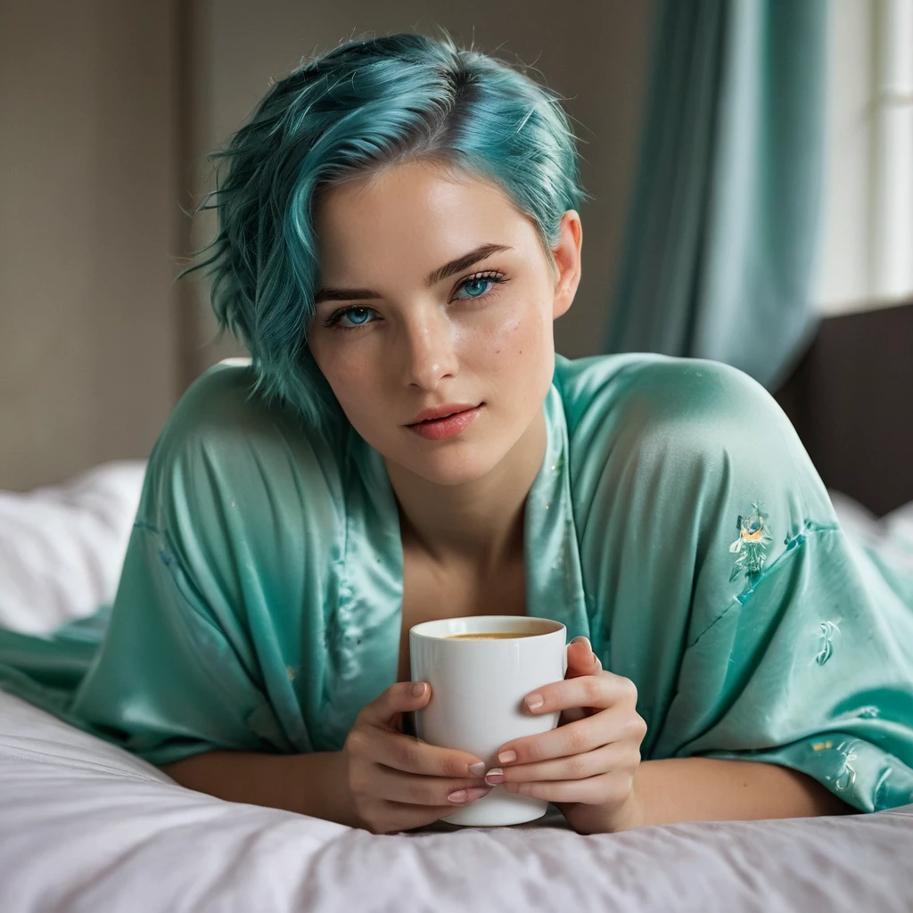 (Woman, 20 Years Old, Nordic Ethnicity, short blue hair, perfect face, light freckles, Blue-Green Eyes))), ((lying in bed on her side, propped up on one elbow)), (wearing a silky, slightly revealing robe). ((Holding a cup of coffee with a relaxed, sensual expression)), (((soft morning light highlighting her features and creating gentle shadows))), (luxurious bed linens, cozy and intimate setting). (((Color palette - turquoise, neon green, yellow shades))), (best quality, 8k, masterpiece, ultra-detailed, photorealistic, soft lighting, sharp focus).