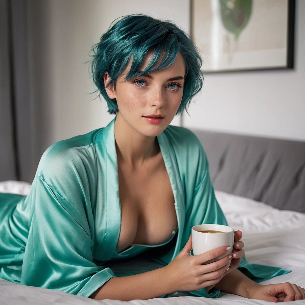 (Woman, 20 Years Old, Nordic Ethnicity, short blue hair, perfect face, light freckles, Blue-Green Eyes))), ((lying in bed on her side, propped up on one elbow)), (wearing a silky, slightly revealing robe). ((Holding a cup of coffee with a relaxed, sensual expression)), (((soft morning light highlighting her features and creating gentle shadows))), (luxurious bed linens, cozy and intimate setting). (((Color palette - turquoise, neon green, yellow shades))), (best quality, 8k, masterpiece, ultra-detailed, photorealistic, soft lighting, sharp focus).