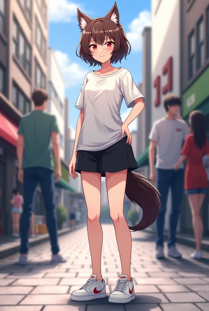 an anime character,Male gender,Rol Omega omegaverse,Brown hair a little long,height 1.31, personality Tantrum and cry, Clothing White shirt and a short black skirt and white Nike sneakers,background in the street,That has wolf ears and tail, red eyes