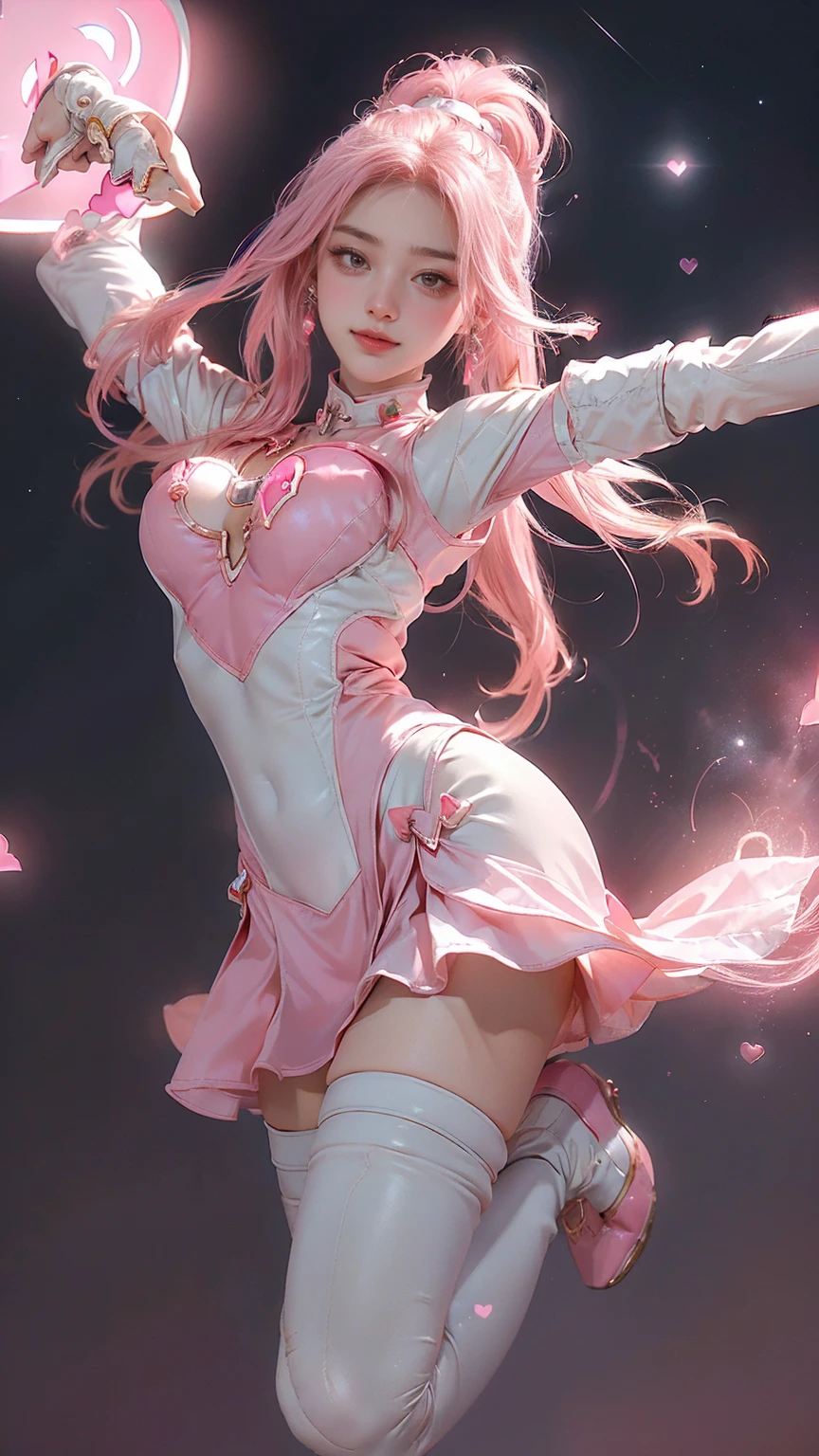 masterpiece、detailed、16K、Glowing Skin、One girl、(Magical girl flying in the night sky)、(Wearing a white and pink space suit)、Are standing、Big Breasts、Big Ass、(Thigh Focus)、Pink Long Blonde、ponytail、Brown eyes、(非常にdetailedな目と顔)、Accurately drawn faces、(Intricate pink and white zentai、White leather knee-high boots、Bright contrasting colors、Exquisitely designed details)、(Optimal ratio　One thumb、See 4 books:1.3)、(Heart shaped pink effect:1.5)、(Dynamic pose)、(Ghost Smile)、(Open your arms:1.5)、(Sparks dance in the night sky:1.3)、(View from below)、