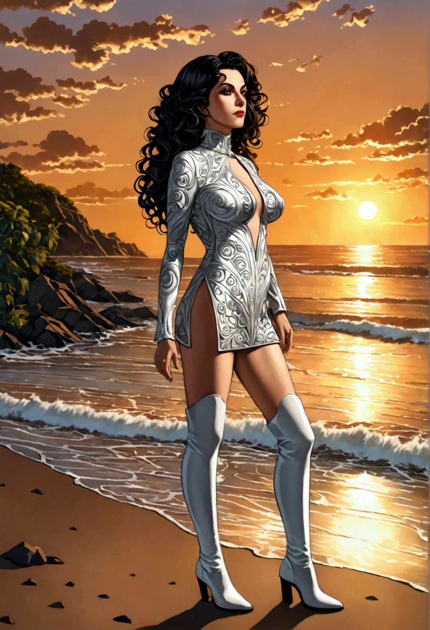 "Hyperrealistic image of a mature white Venezuelan woman in her 50s, of medium build and serene expression. she has a lot of time, Big curly black hair adorned with red roses and dark brown eyes framed by thin eyebrows.. naked she only wears high leather boots., White high boots with black details.. Woman is posing on a quiet beach at sunset., With the distant coast and vegetation bathed in a warm golden light.. The image is very detailed., With perfect composition, Turning on, and rendering, and 8k HDR. The overall style is avant-garde and daring.., emphasizing the contrast between the black and white elements of her outfit."