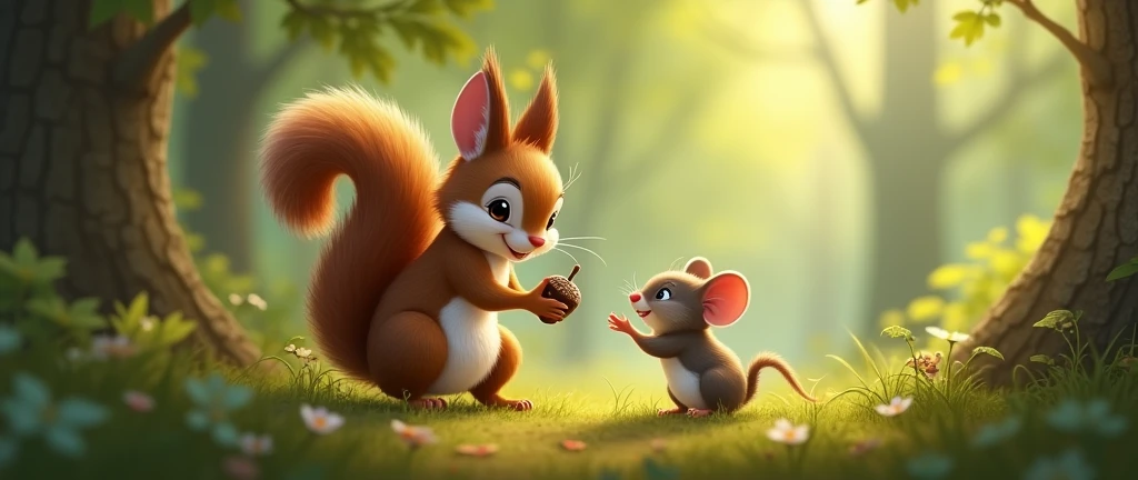 A heartwarming image of Sam offering Benny an acorn from his stash, with Benny looking grateful and apologetic.