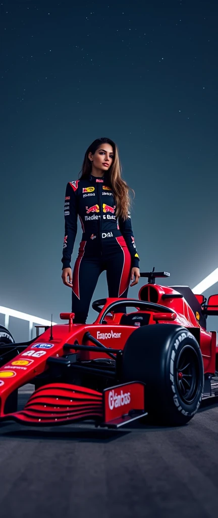 Woman in sexy Formula 1 outfit next to a nice tuned racing car, on a night full of stars