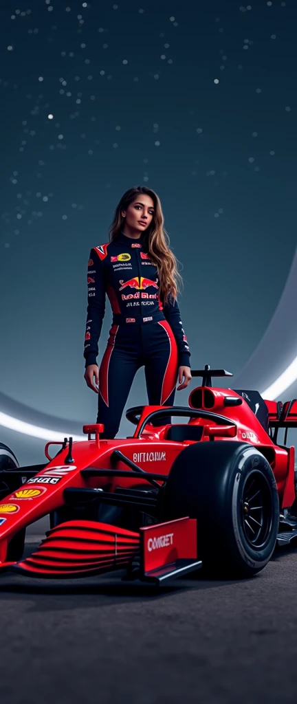 Woman in sexy Formula 1 outfit next to a nice tuned racing car, on a night full of stars