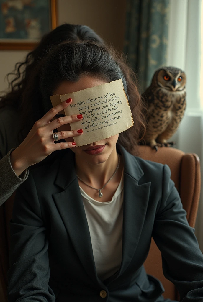 the woman covered the man's face with a sheet of paper. There is printed text on the sheet. Home environment. An owl sits on the back of a chair in the background.