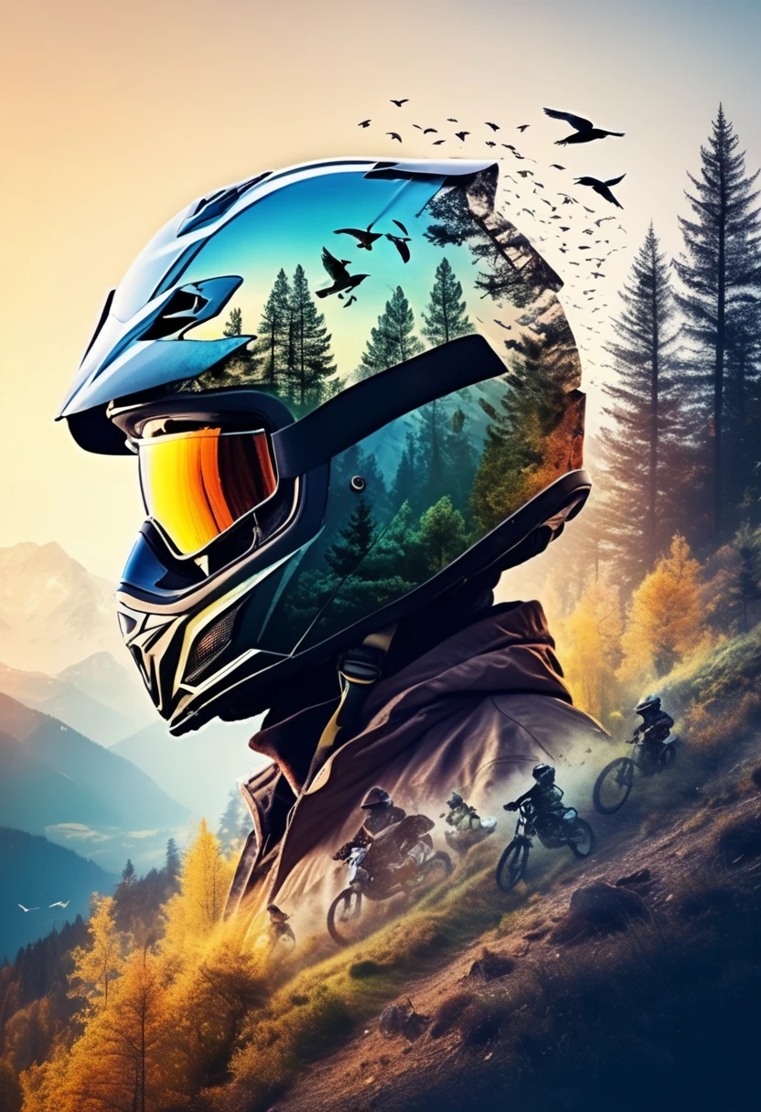 Triple exposure of the silhouette face of a man wearing a motocross helmet profile  and shiny goggles ,  mountains, birds in the air, nature beauty and wonder, magical, majestical, beautiful colors,branches with leaves 
