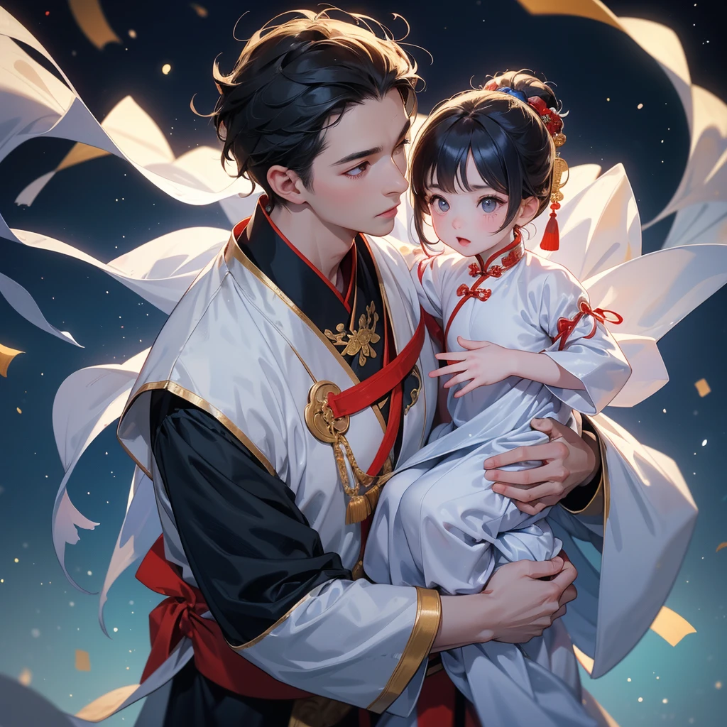 A one-year-old baby boy in an ancient Chinese baby costume with his beautiful mother, dressed in an white ancient Chinese costume, playing with each other, with his handsome father standing next to his mother, close up.
Background is a dark night, with moonlight and millions of stars, twinkling everywhere, with blue light.