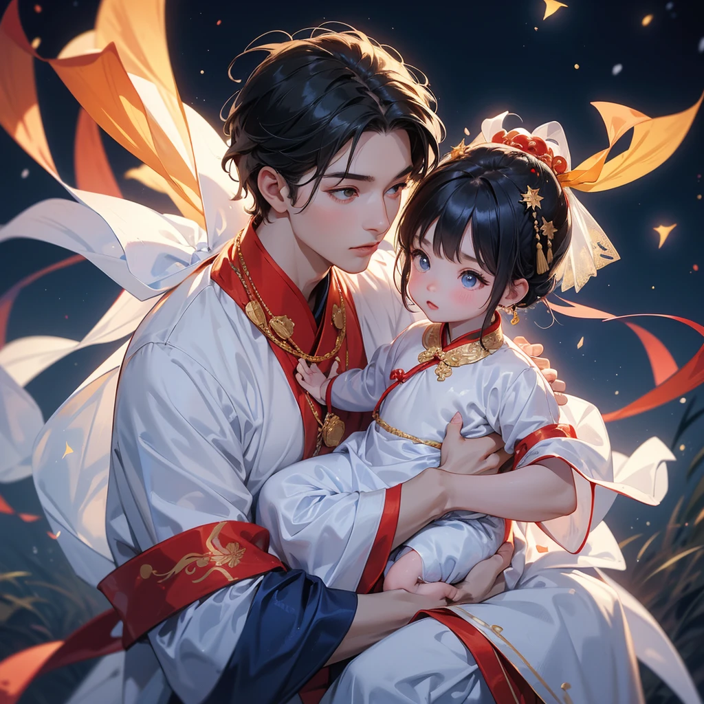 A one-year-old baby boy in an ancient Chinese baby costume with his beautiful mother, dressed in an white ancient Chinese costume, playing with each other, with his handsome father standing next to his mother, close up.
Background is a dark night, with moonlight and millions of stars, twinkling everywhere, with blue light.