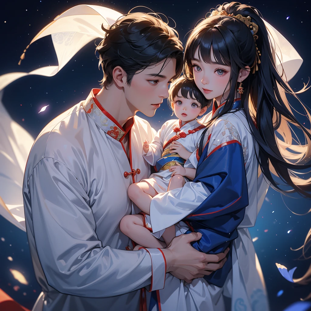 A one-year-old baby boy in an ancient Chinese baby costume with his beautiful mother, dressed in an white ancient Chinese costume, playing with each other, with his handsome father standing next to his mother, close up.
Background is a dark night, with moonlight and millions of stars, twinkling everywhere, with blue light.