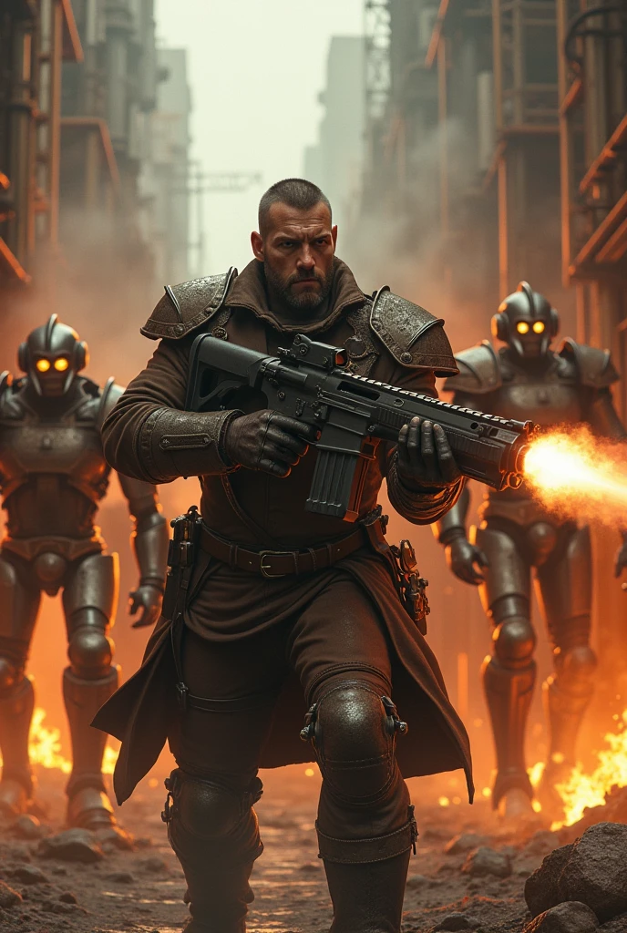 Man on robots with a machine gun on the background of fire in steampunk style
